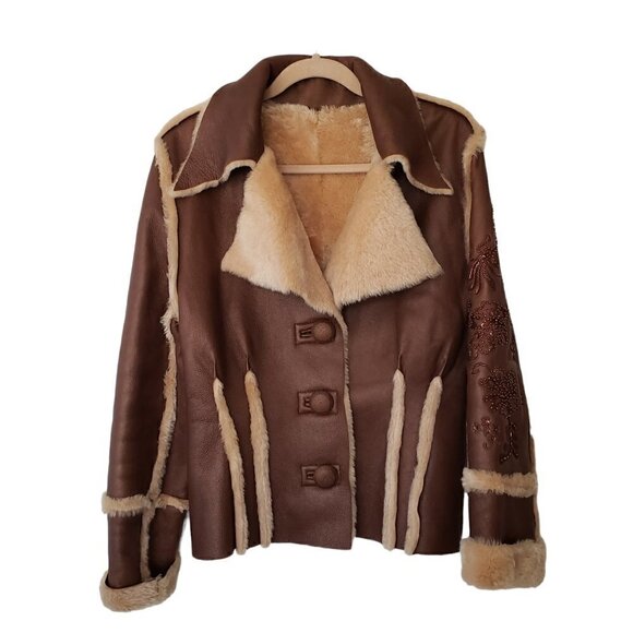Vintage Faux Leather Fur Shearling Jacket With Beaded Embroidered Sleeve - Picture 1 of 7